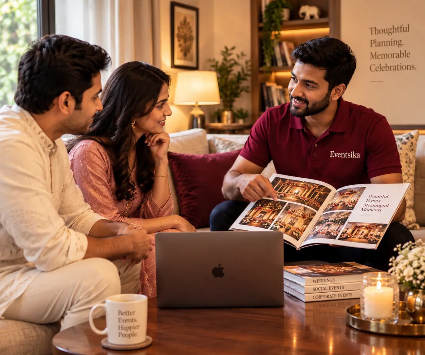Professional Eventsika event planning consultant guiding a couple in an upscale home living room
