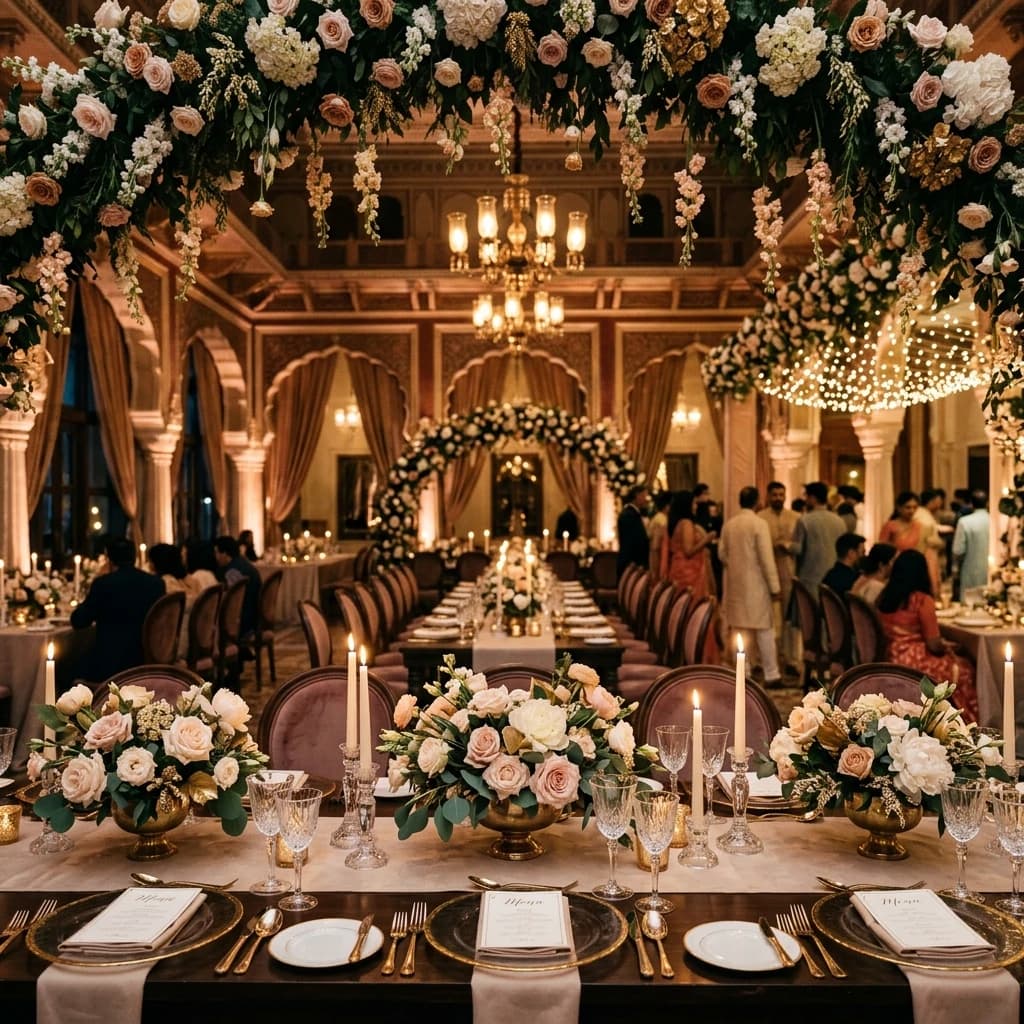 Elegant event venue with floral arrangements and ambient candlelight
