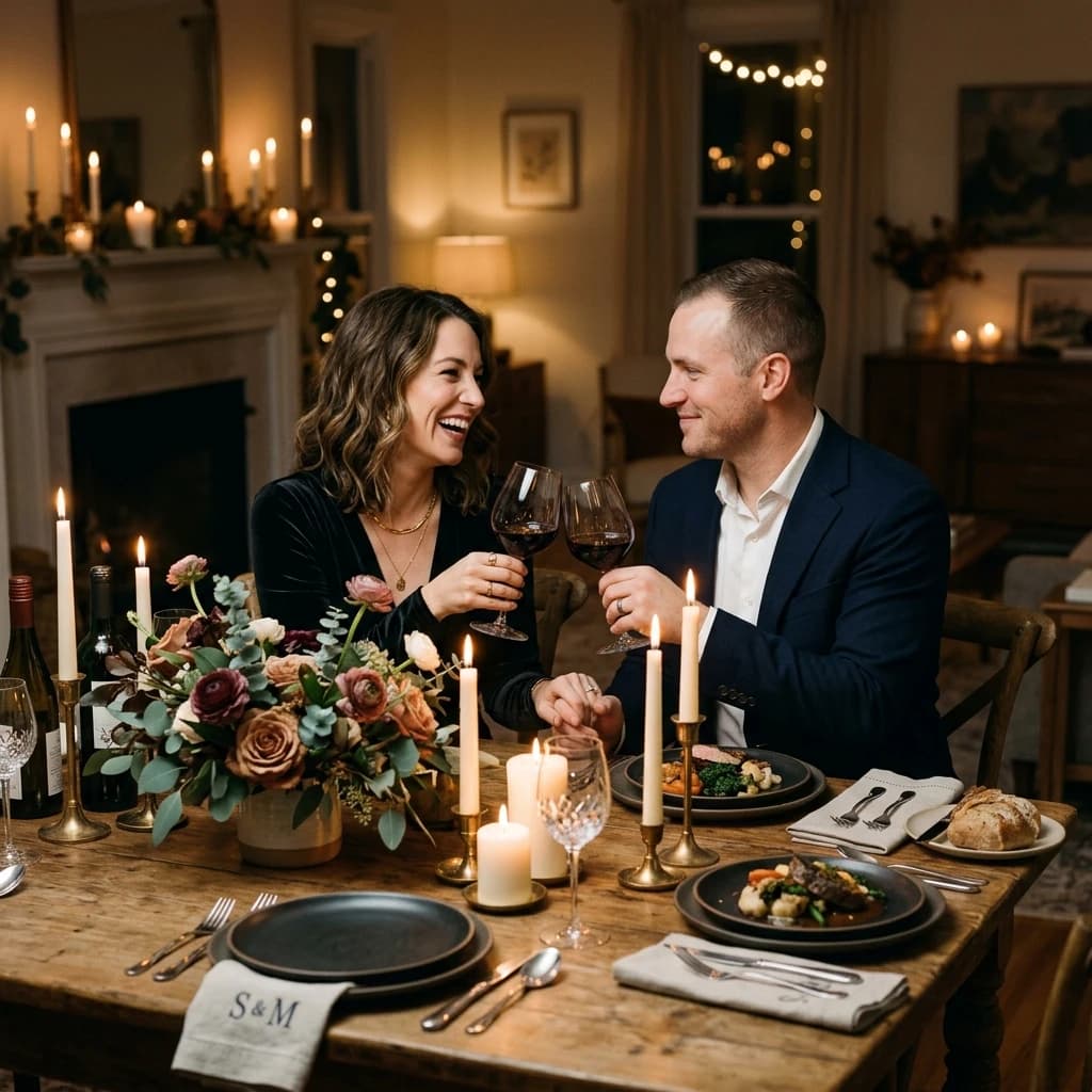 Intimate anniversary candlelit dining setup at home