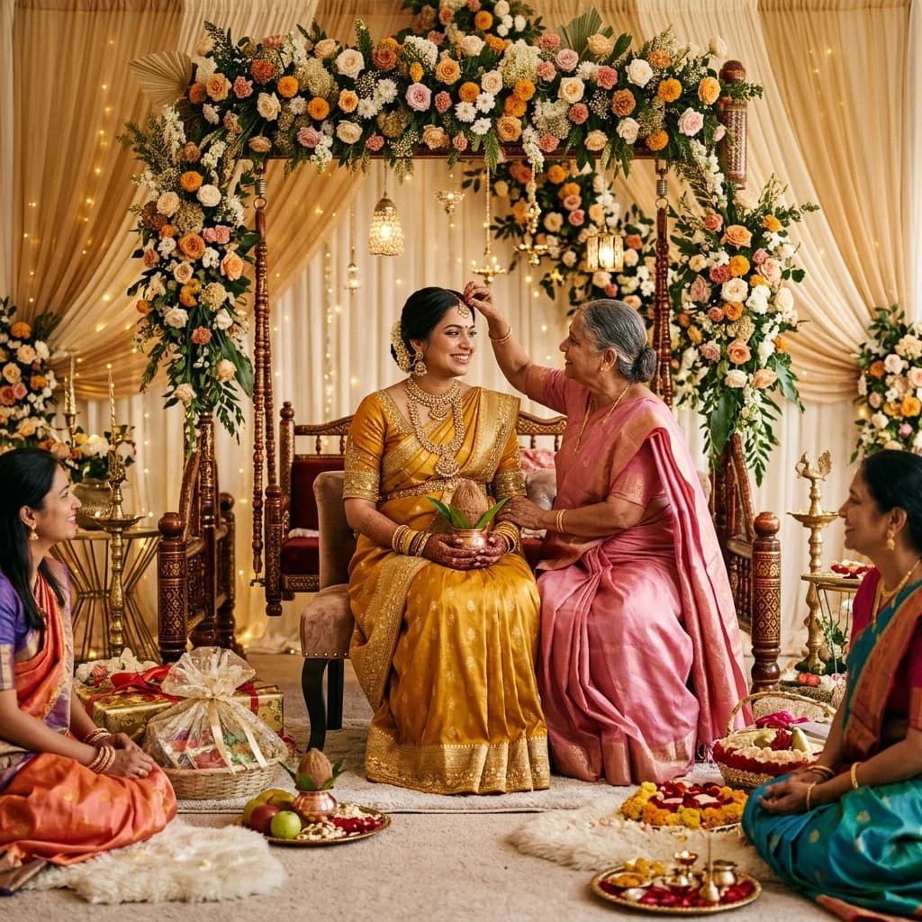Delicate floral backdrop and ambient decor for baby shower godh bharai