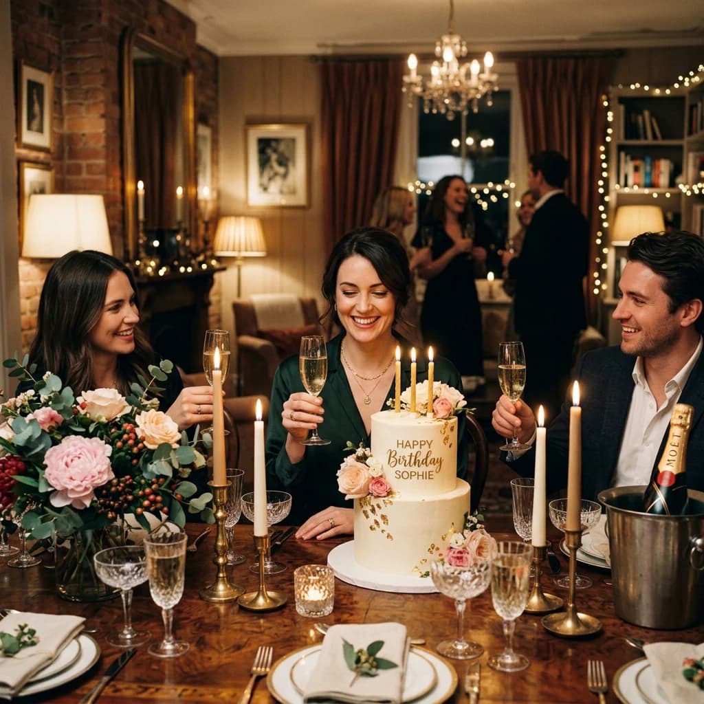 Warm birthday celebration with sophisticated decor and ambient cake candles