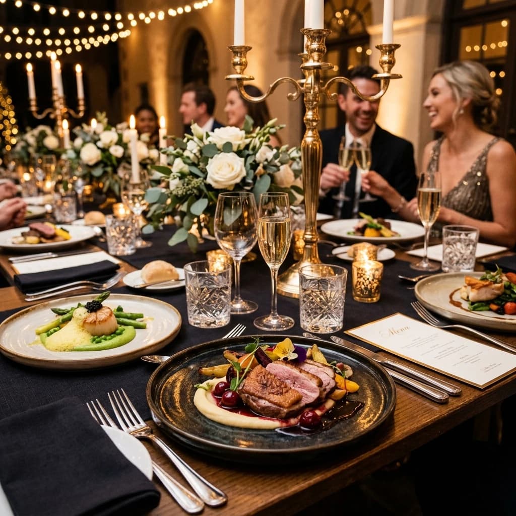 Intimate family dining setup with elegant food presentation