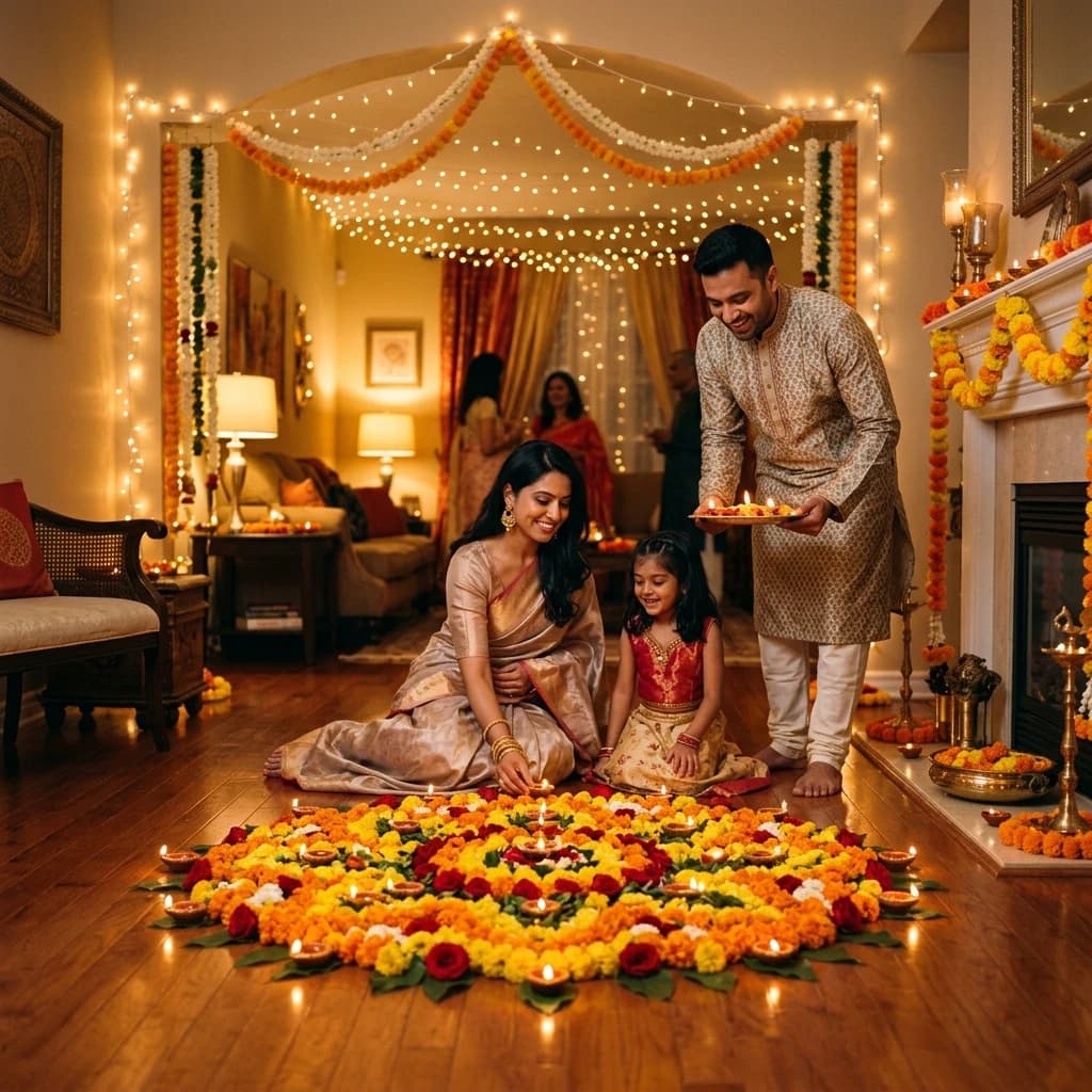 Warm Diwali festive celebration with fairy lights and traditional decor