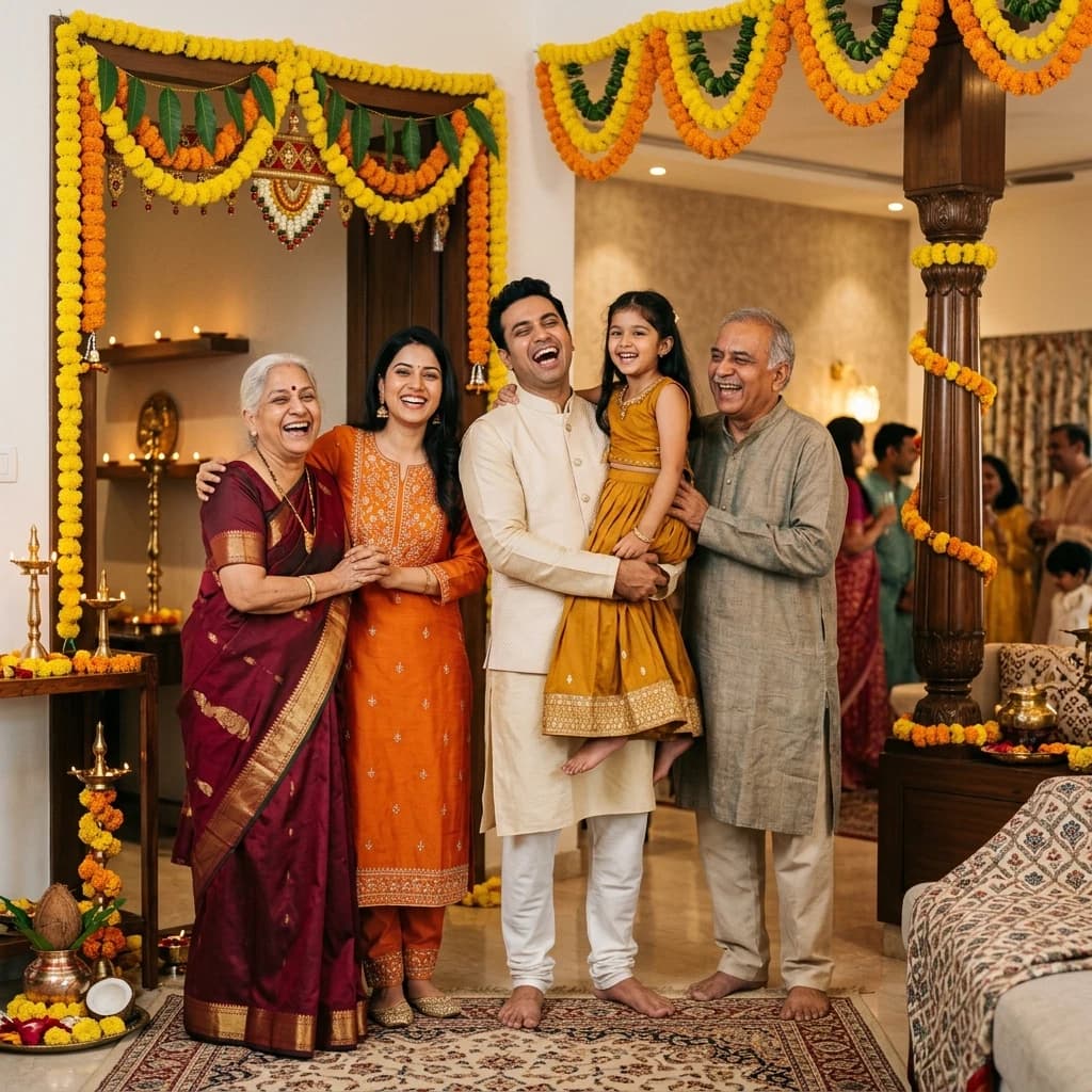Happy family standing and celebrating housewarming griha pravesh at home
