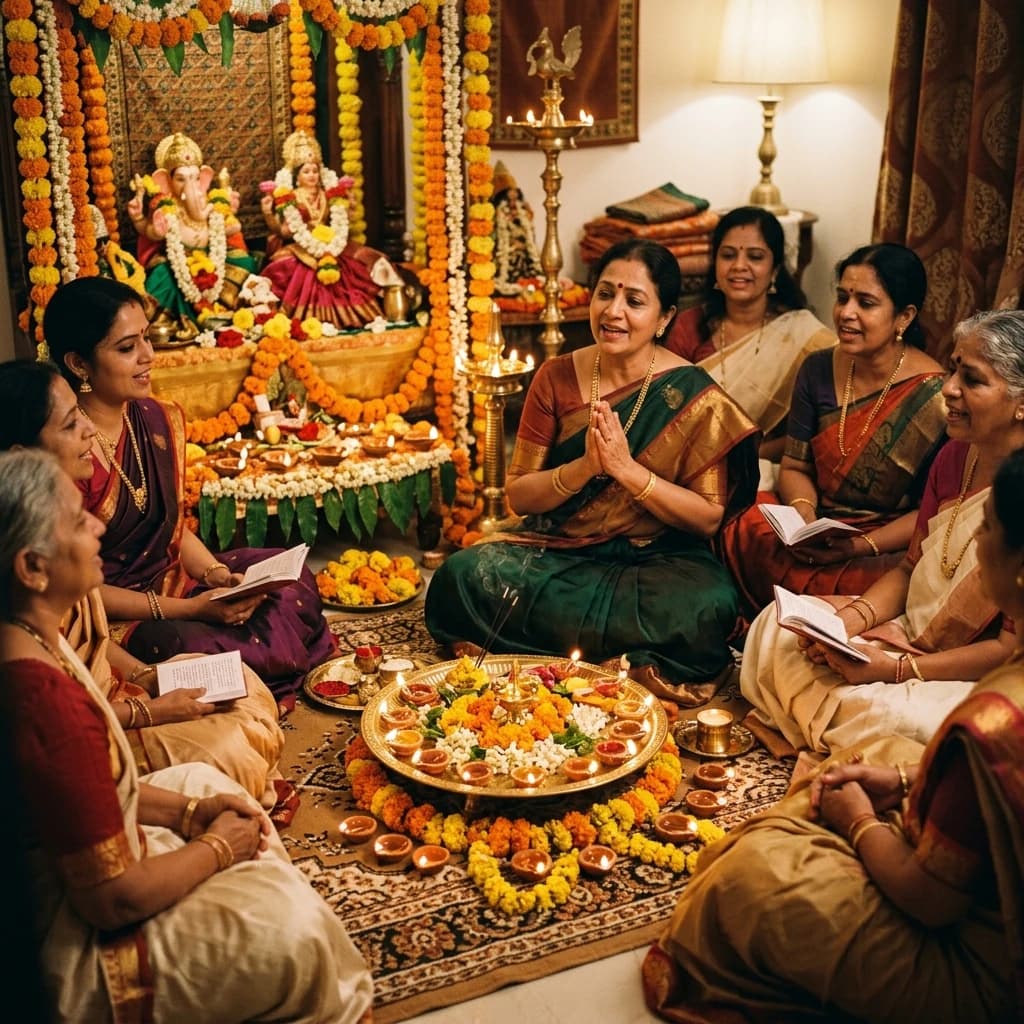 Traditional Indian puja satsang gathering with marigold florals and oil lamps