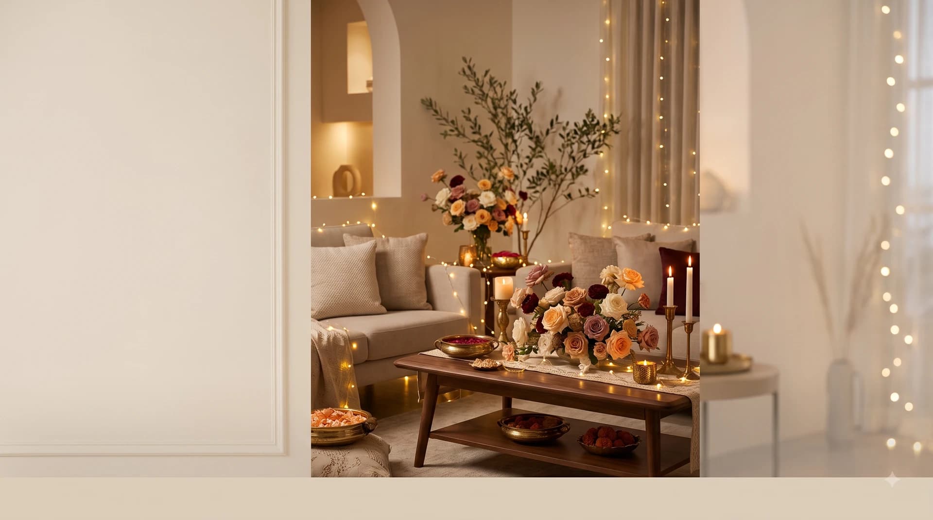 Open-air evening terrace celebration with warm fairy lighting